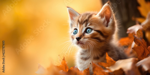 Cute Little Striped Kitten in fallen leaves on a autumn background outdoor, copy space. Generative ai