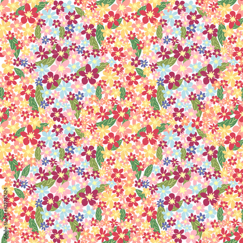 Fantasy seamless floral pattern with blue, pink, purple, red, orange flowers and leaves. Elegant template for fashion