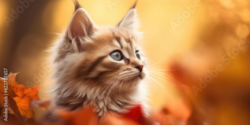 Cute striped kitten in fallen leaves looks up on an autumn background outdoors, copy space. Generative ai