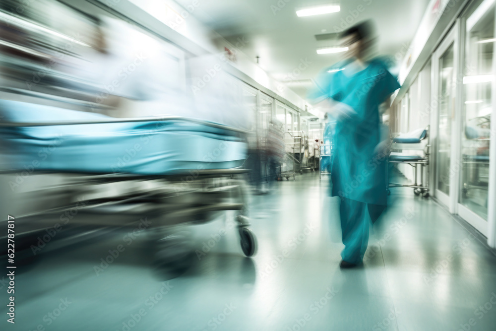 Obraz premium Hospital emergency team rush patient on gurney to the operating theater. Corridor in medical clinic with working doctors, motion blur effect. Created with Generative AI