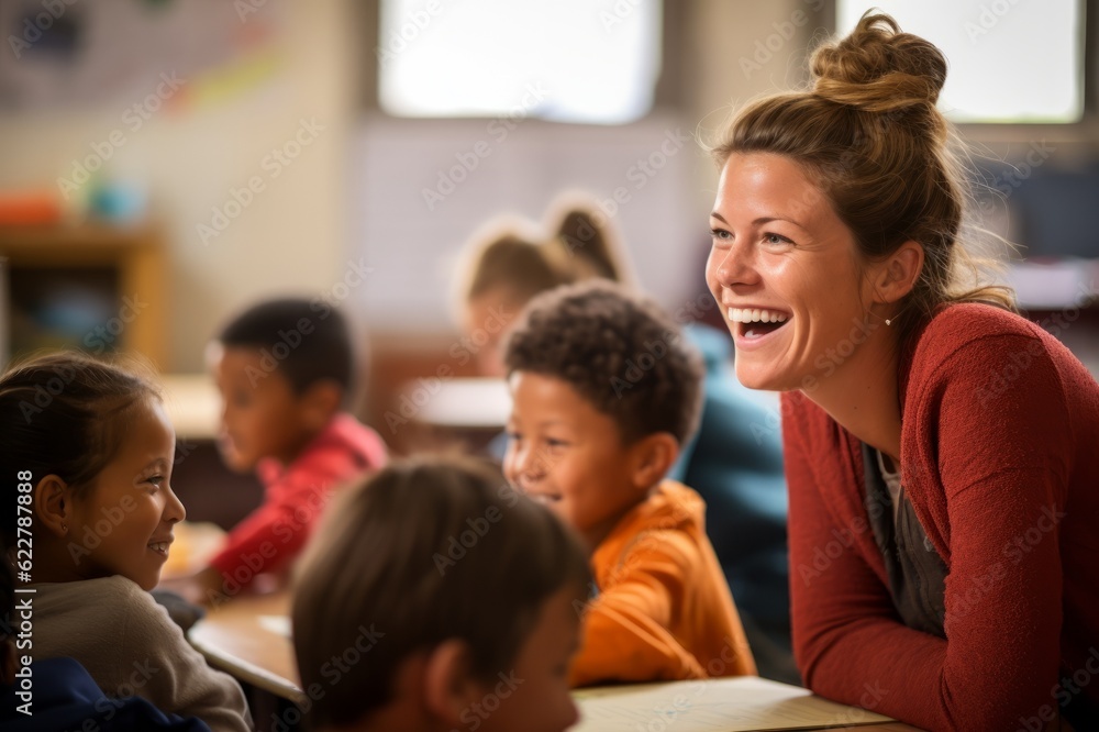 young teacher woman teaching their young pupils in school with a positive attitude young teacher woman teaching their young pupils in school with a positive attitude