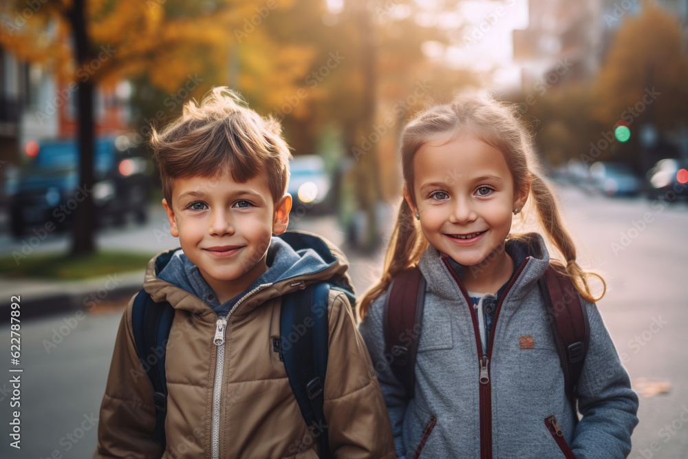 Generative AI illustration of happy schoolkids in warm clothes with backpacks smiling and looking at camera while standing on city street Generative AI illustration of happy schoolkids in warm clothes with backpacks smiling and looking at camera while standing on city street