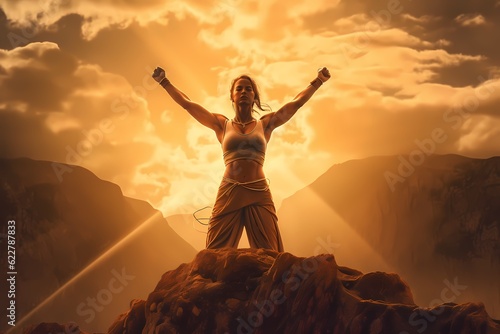 Embrace Your Inner Warrior: A bold and empowering. Woman in warrior pose, embodying strength and resilience in the face of adversity. Generative ai.