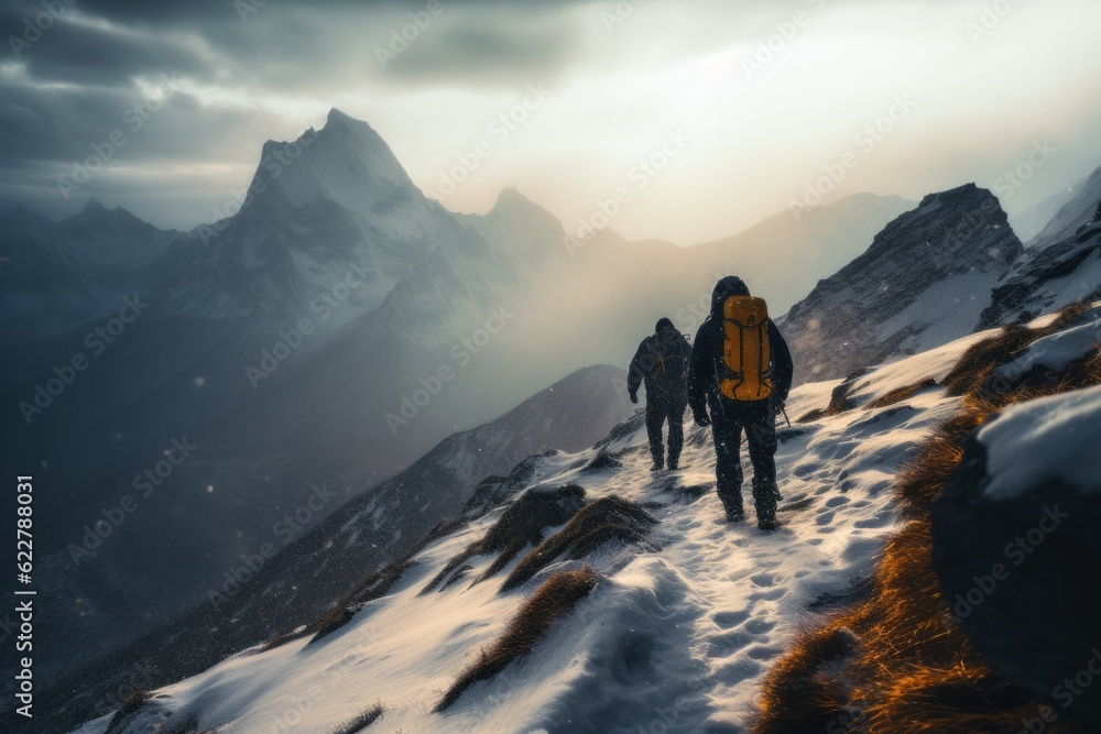 two alpinists with big backpacks climbing a high snowy mountain in winter