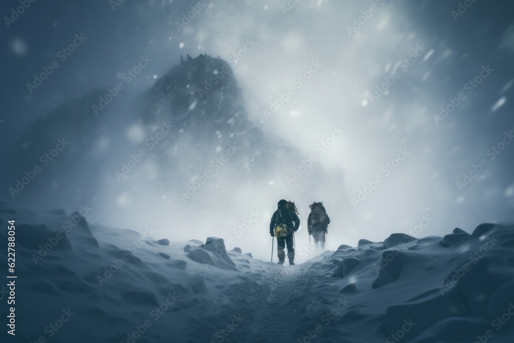 two alpinists with big backpacks climbing a high snowy mountain in winter two alpinists with big backpacks climbing a high snowy mountain in winter