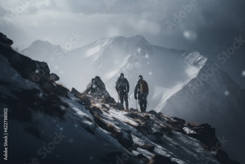 two alpinists with big backpacks climbing a high snowy mountain in winter © urdialex