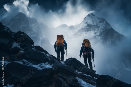 two alpinists with big backpacks climbing a high snowy mountain in winter photo