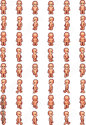 Pixel art spritesheet 8 bit walking base cute simple human character animation top down male female vector changeable 4 directions light skin transparent game pixelated © Karolina