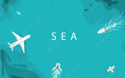 Sea background, top aerial view vector illustration. Water waves