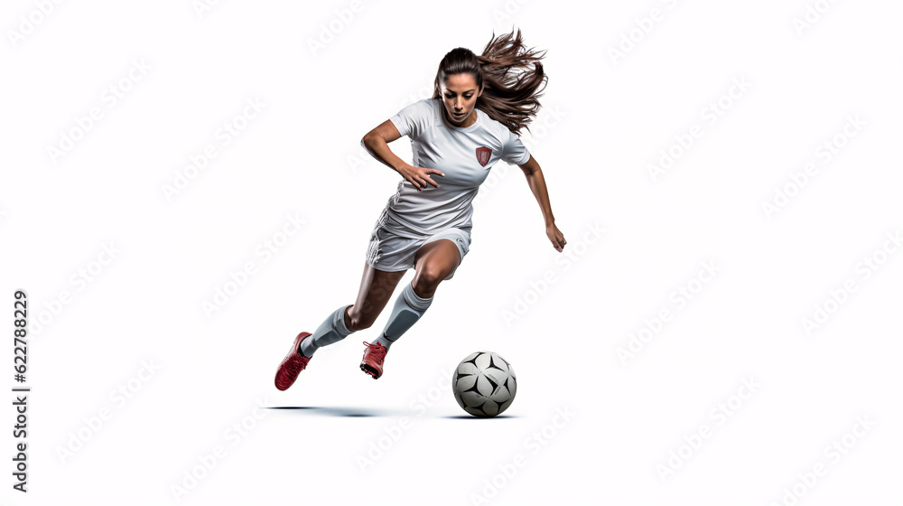 Beautiful female soccer player kicking ball with heel. Isolated on white background. Woman football concept.