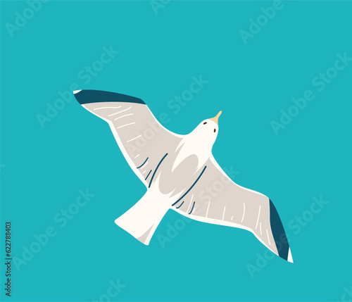 Seagulls flying above water vector illustration. Flight of gull on the