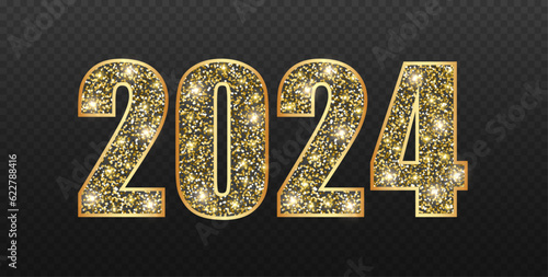 2024 Numerals with dark base and gold frame, confetti, glitter and glow. Expensive luxury decor. Sparkle mood. New Year and Christmas. Numbers vector isolated on dark background