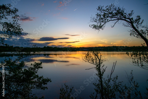 Sunset Evening on Raccoon River Park in West Des Moines Iowa Midwest the United States