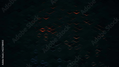 3D render futuristic animated background from rhomb shapes with neon back lighting, minimal diamonds grid tiles pattern with random objects displacement, 4K live wallpaper