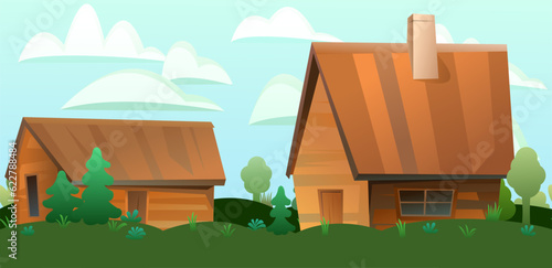 Farm wooden house with barn. Simple rural landscape. Village vegetable garden lifestyle. Cartoon fun style. Flat design. Vector.