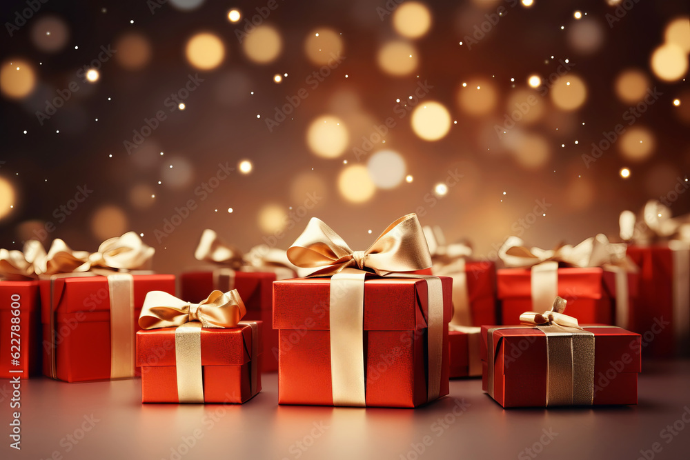 Festive background with red gift boxes with golden ribbons. Generative AI illustration Festive background with red gift boxes with golden ribbons. Generative AI illustration