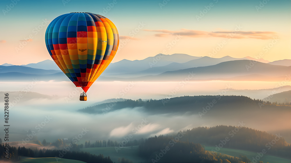 A hot air balloon floating gracefully above a serene, peaceful countryside, painted in the colors of a vibrant sunrise.