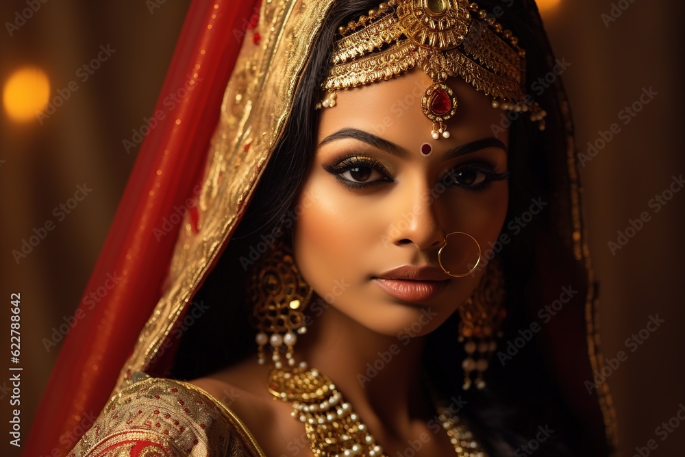 Beautiful indian young woman. Traditional Indian costume saree.