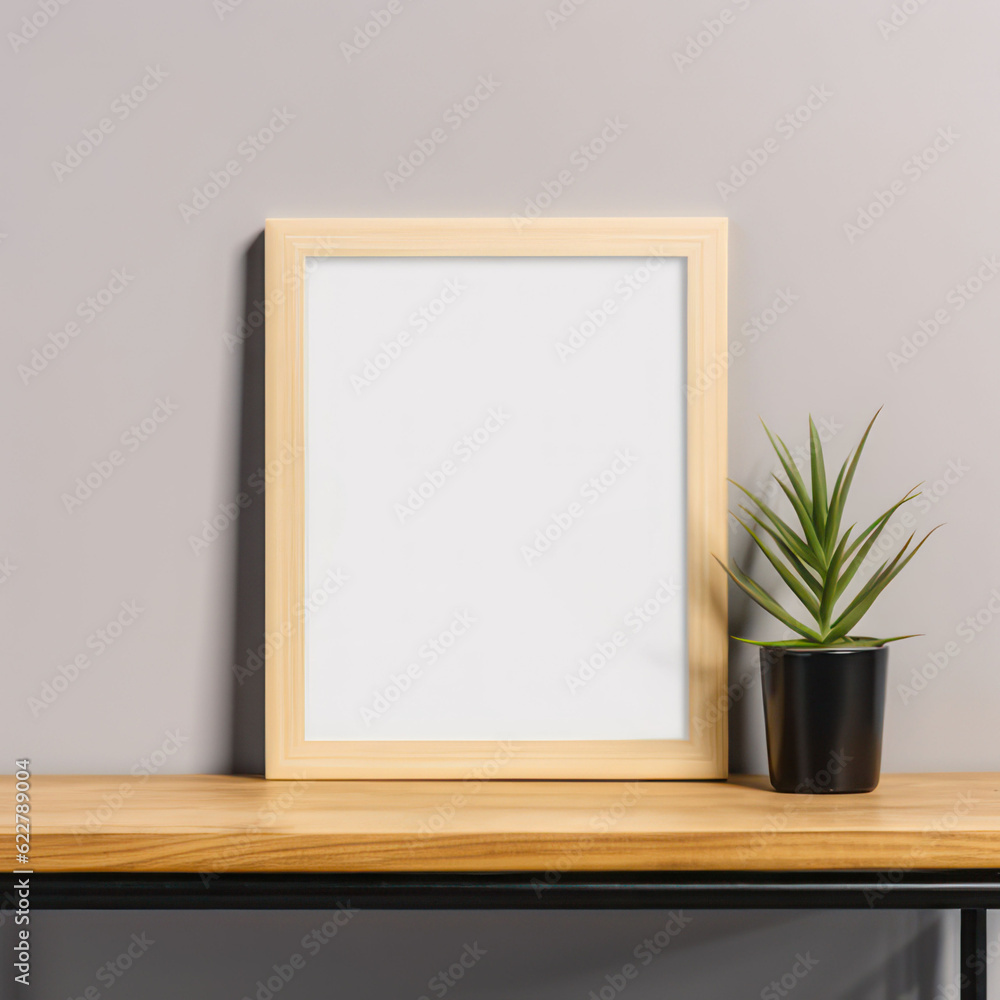 Mockup, picture frame on table with potted plant. AI generative. Mockup, picture frame on table with potted plant. AI generative.