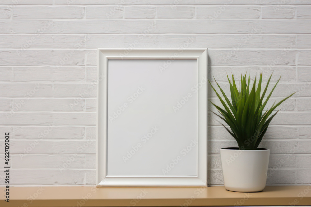 Mockup, picture frame and plant on the table against the background of a brick white wall. AI generative. Mockup, picture frame and plant on the table against the background of a brick white wall. AI generative.