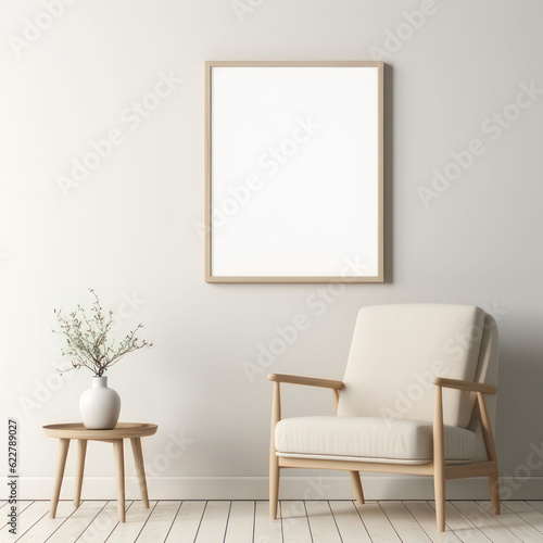 Mockup  picture frame on the wall in the interior  picture armchair and flower. AI generative.