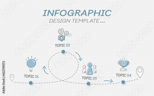 Infographic doodle design template. Hand drawn Timeline concept with 4 options or steps template. layout, diagram, annual, start up, report, presentation. Vector illustration.