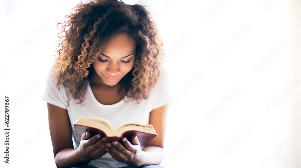African woman reading. bible book. Worship at home. AI generated African woman reading. bible book. Worship at home. AI generated