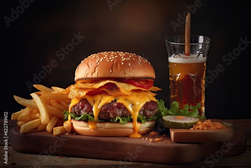 Delicious Classic American Burger with Melted Cheese  Crispy Bacon  and Golden French Fries. Product Photography