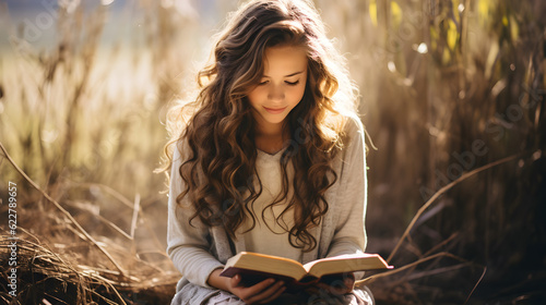 Fotografie, Tablou Pretty young woman reading bible book. AI generated