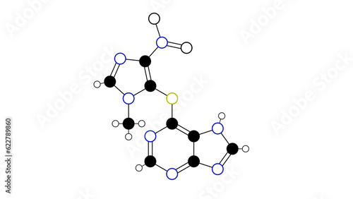 azathioprine molecule, structural chemical formula, ball-and-stick model, isolated image immunosuppressive agents