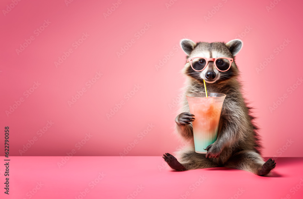 Cute racoon wearing sunglasses, holding drink, enjoying vacation, studio banner with copy space on side. Generative AI