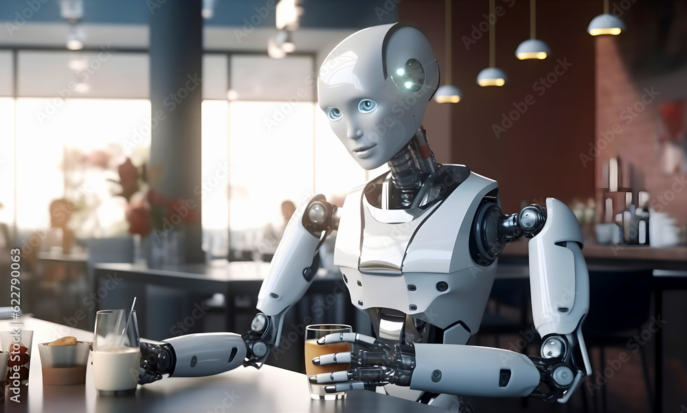 Robot waiter in cafe brought order and places it on table. Technology development. Concept of artificial intelligence for automation of production processes Robot waiter in cafe brought order and places it on table. Technology development. Concept of artificial intelligence for automation of production processes