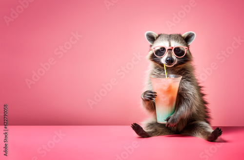 Obraz na płótnie Cute racoon wearing sunglasses, holding drink, enjoying vacation, studio banner with copy space on side. Generative AI w salonie