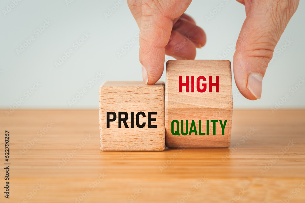 prices, high quality, Hand moving a pad with the word high quality next to the block with the text price, Financial concept, Quality, service, customer satisfaction going hand in hand with the price