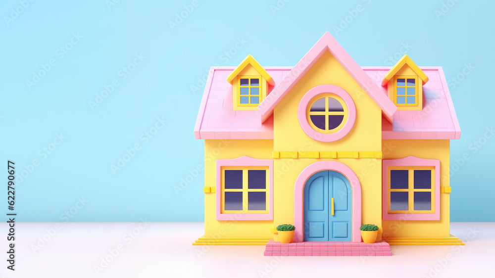 Cute school building in 3d style isolated on blue background. Back to school concept. AI Generated.