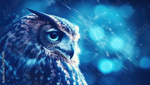 Ice blue great horned owl bird in foreground with snow bokeh blurred background, artistic up close avian portrait - generative AI photo