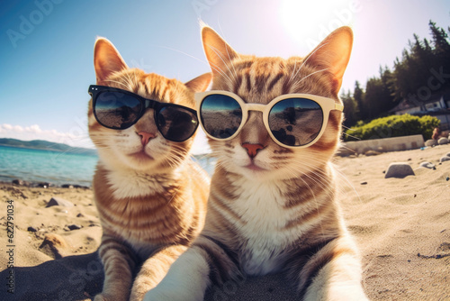 Two cats are taking selfies on a beach wearing sunglasses, sunny day with blue water