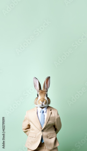 Rabbit or hare in smart business suit and tie, looking serious businessman. Vertical banner with copy space above. Generative AI © Lubo Ivanko