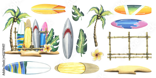 Photography A tropical island with a coconut palm, frangipani, leaves and surfboards on a stand