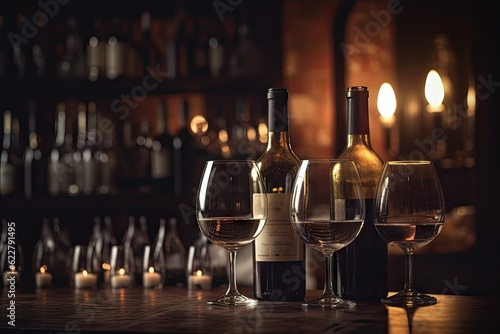 Restaurant background with two wine glasses and a wine bottle on table, copy space