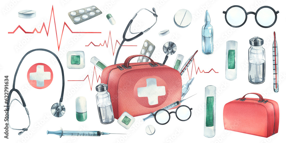 Red medical case, first aid kit with stethoscope, injections, plaster, pills and glasses. Watercolor illustration, hand drawn. Composition with elements isolated on white background Red medical case, first aid kit with stethoscope, injections, plaster, pills and glasses. Watercolor illustration, hand drawn. Composition with elements isolated on white background