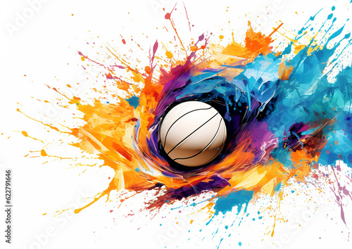 Ball games symbolizing a piece of ball with colorful paint explosion on a white background. Ball game concept. A sport design element or background banner. AI generated. © Czintos Ödön