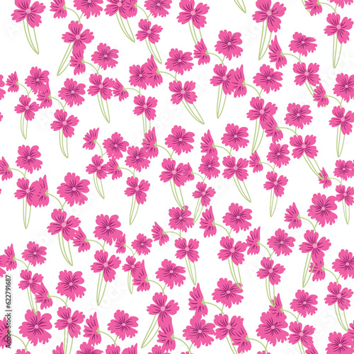 Seamless pattern of pink elegant and refined flowers, summer field