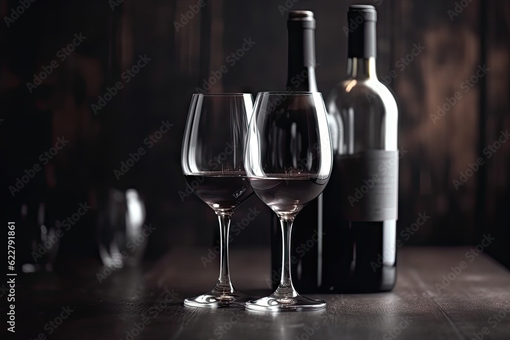 Restaurant background with two wine glasses and a wine bottle on table, copy space