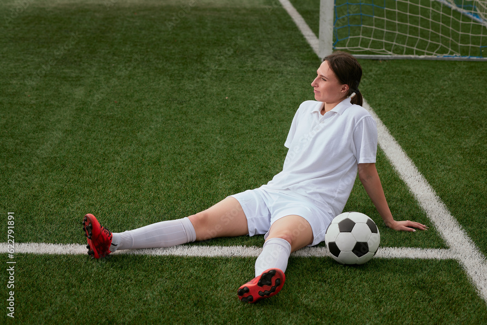 Obraz premium sports girl football player with a soccer ball on the soccer field, the concept of professional women's football