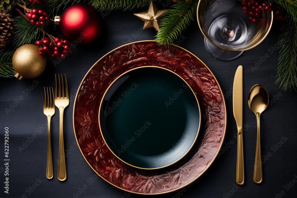 Christmas dinner meal table setting with a blank plate and Christmas decorations Christmas dinner meal table setting with a blank plate and Christmas decorations