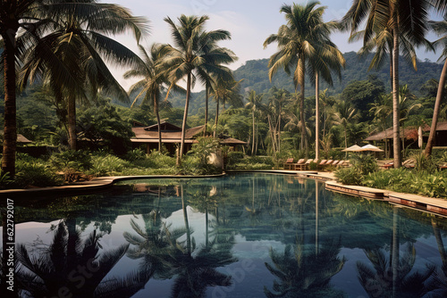 Beautiful tropical resort with swimming pool and palm trees during a warm sunny day.