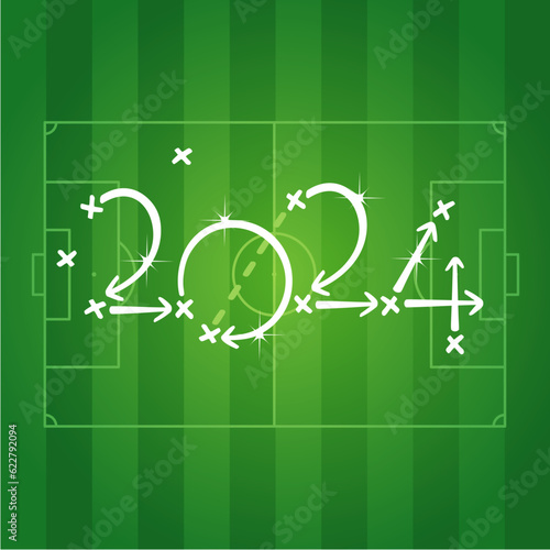 2024 New Year Soccer competition strategy, white arrows, green field of stadium in background