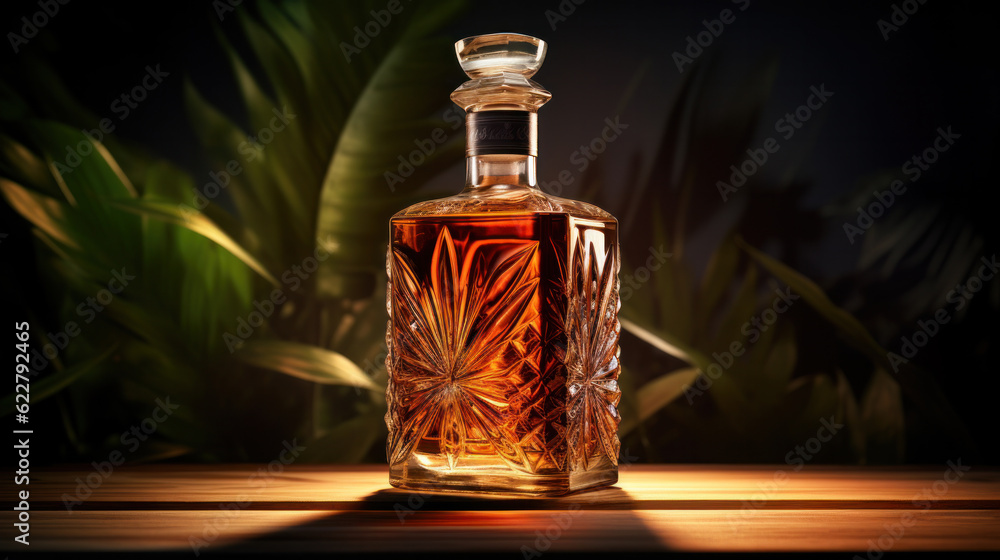 Crystal Bottle of amber color premium alcohol, on table flofal background. Ideal for mock-up of whisky, brandy, cognac or rum design. Crystal Bottle of amber color premium alcohol, on table flofal background. Ideal for mock-up of whisky, brandy, cognac or rum design.