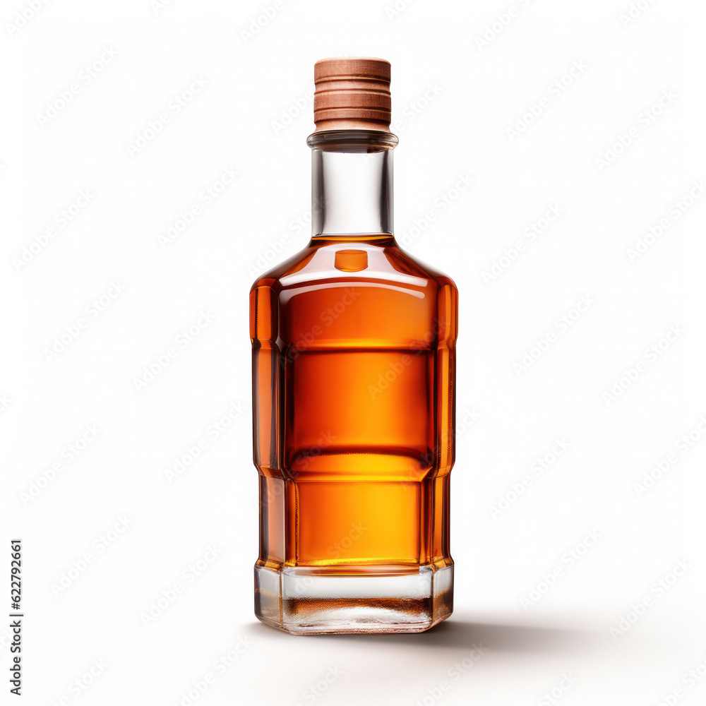 Bottle of amber color premium alcohol, isolated on white background. Ideal for mock-up of whisky, brandy, cognac or rum design. Bottle of amber color premium alcohol, isolated on white background. Ideal for mock-up of whisky, brandy, cognac or rum design.